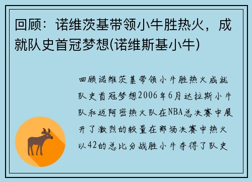 回顾：诺维茨基带领小牛胜热火，成就队史首冠梦想(诺维斯基小牛)