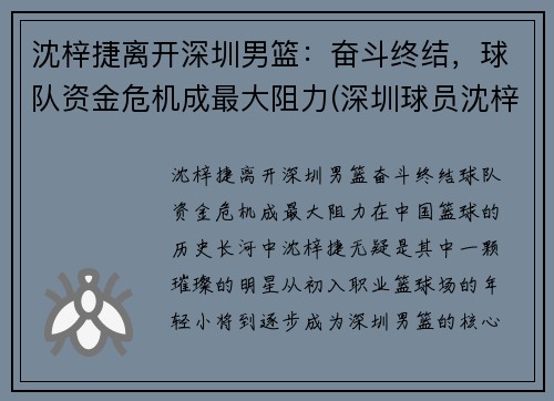 沈梓捷离开深圳男篮：奋斗终结，球队资金危机成最大阻力(深圳球员沈梓捷是哪里人)