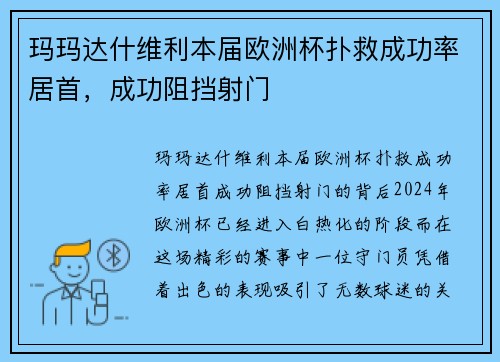 玛玛达什维利本届欧洲杯扑救成功率居首，成功阻挡射门