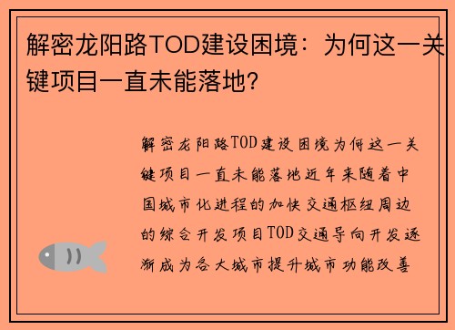 解密龙阳路TOD建设困境：为何这一关键项目一直未能落地？