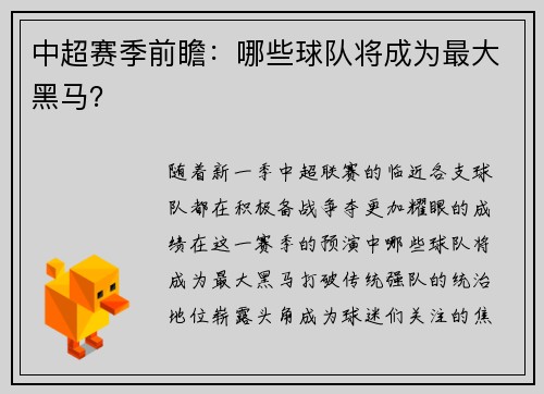 中超赛季前瞻：哪些球队将成为最大黑马？