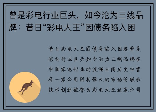 曾是彩电行业巨头，如今沦为三线品牌：昔日“彩电大王”因债务陷入困境