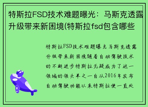 特斯拉FSD技术难题曝光：马斯克透露升级带来新困境(特斯拉fsd包含哪些功能)