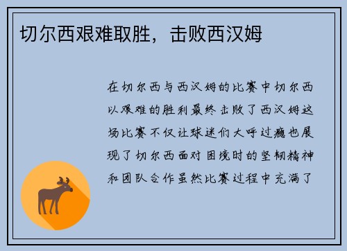 切尔西艰难取胜，击败西汉姆