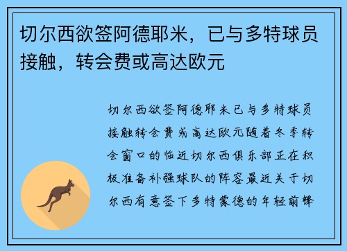 切尔西欲签阿德耶米，已与多特球员接触，转会费或高达欧元