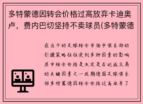 多特蒙德因转会价格过高放弃卡迪奥卢,费内巴切坚持不卖球员(多特蒙德状态火爆锁定德甲半程冠军)