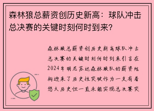 森林狼总薪资创历史新高：球队冲击总决赛的关键时刻何时到来？